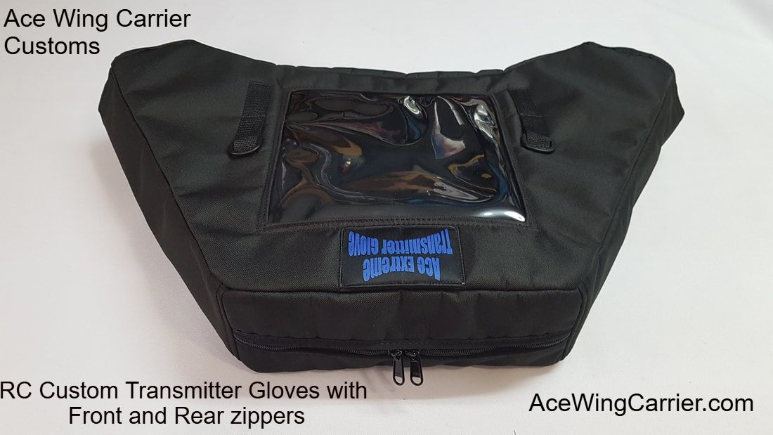 RC Transmitter Gloves with Front and Rear Zippers for external antennas and flight gear attachments, AceWingCarrier.com